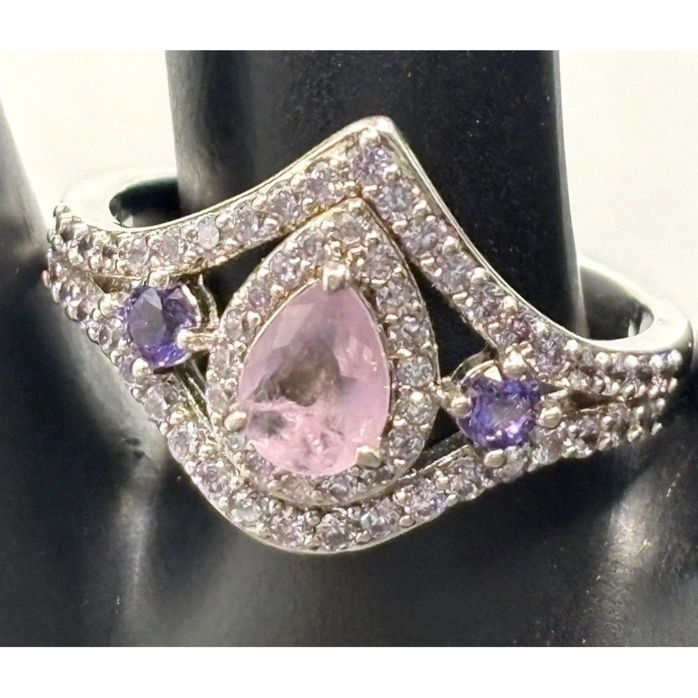 Bomb Party Silver Tone Pink Amethyst Teardrop Pear Halo Ring Size 10